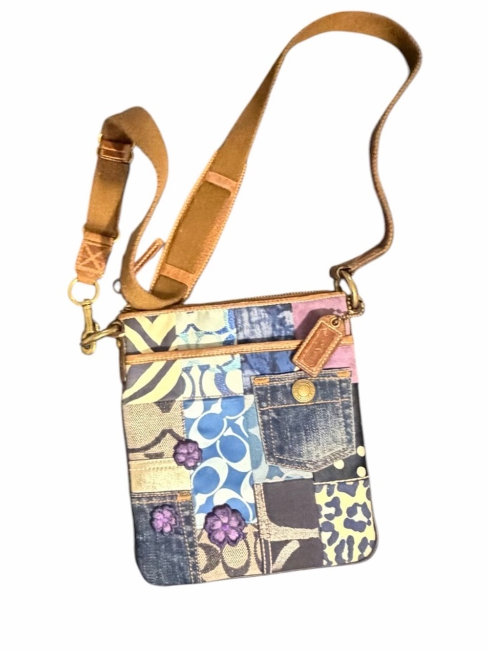 Coach Denim Patchwork Crossbody File Bag Floral Appliqués Jean Pocket Y2K EC